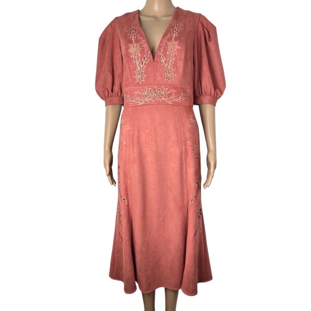 New PatBO Faux Suede A-Line Cut Out V-Neck Embroidered Midi Dress